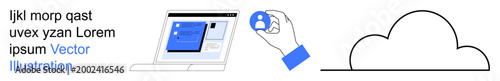 Data management, cloud computing, online storage, user profile settings, digital identity, technology interface. A laptop screen, hand holding a user icon and a cloud symbol. Data management