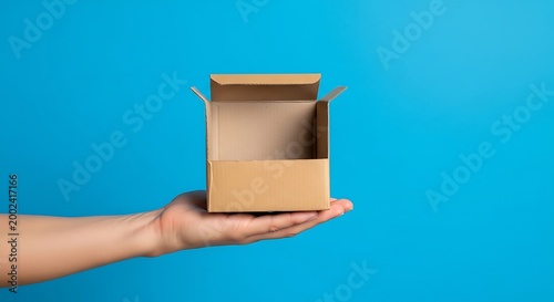 Hand Holding Open Empty Cardboard Box Against Blue Background
