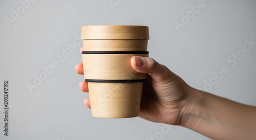 Hand Holding Reusable Eco-Friendly Bamboo Coffee Cup Against Plain Background