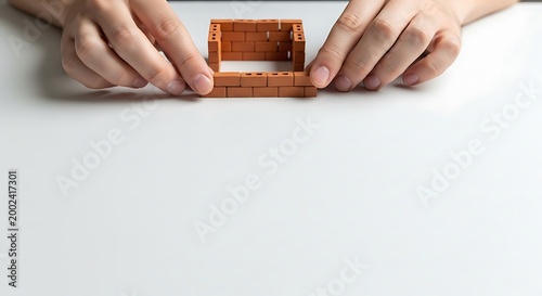 Hands Building a Small Brick Wall Foundation on White Background