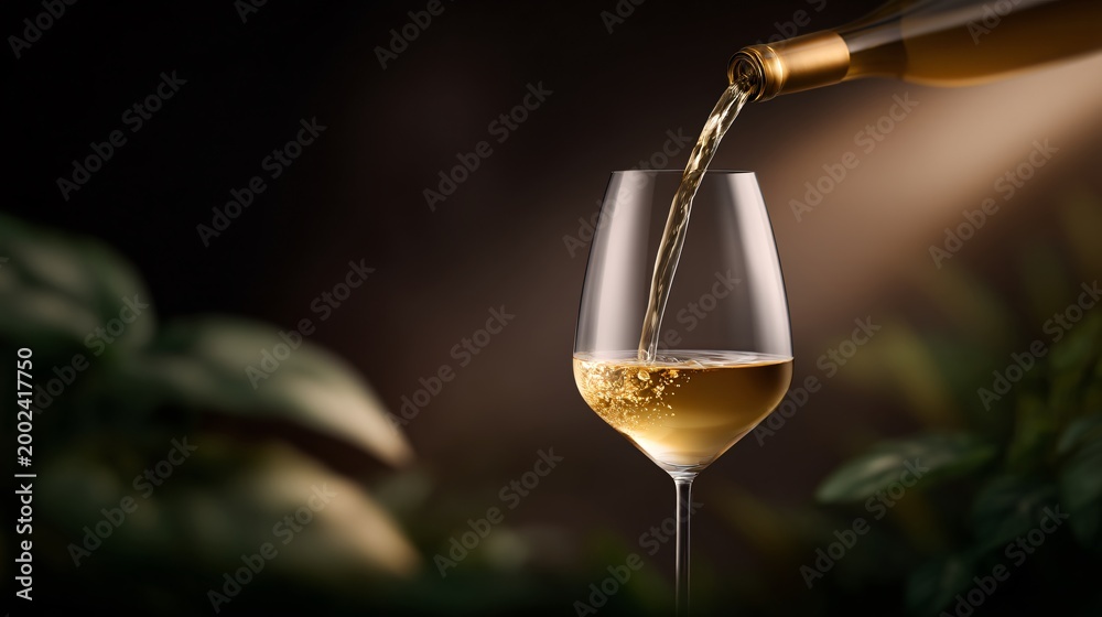 Fototapeta premium elegant white wine pouring into glass, premium alcohol advertising style