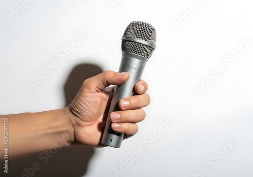 Male hand holding a silver cordless microphone against a white background