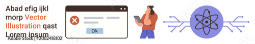 Technology, cybersecurity, error analysis, problem-solving, data flow, digital interfaces. A popup error message, a woman using a tablet and an atomic graph symbol. Technology and error analysis