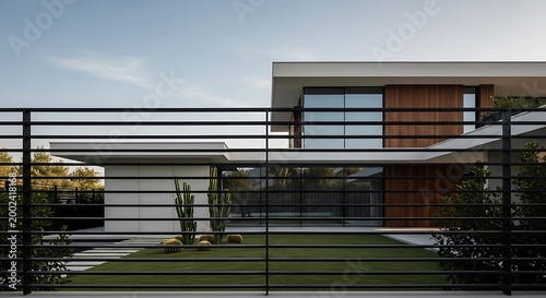 Modern Minimalist Luxury House Architecture Behind a Horizontal Slatted Metal Fence