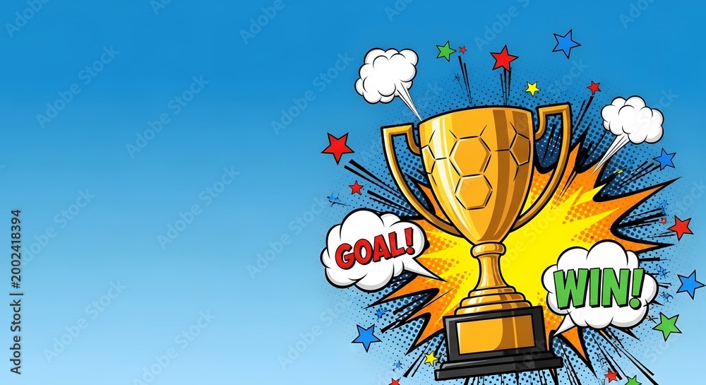 Obraz premium Golden trophy stands on a vibrant background with a Goal and Win speech bubble, stars and dynamic shapes