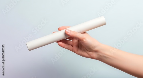 Person Hand Holding Rolled White Paper Document or Diploma