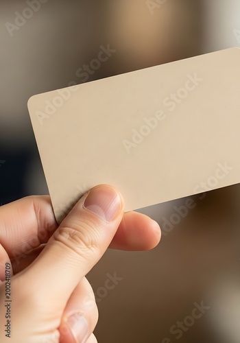Person's hand holding a blank cream-colored business card mockup