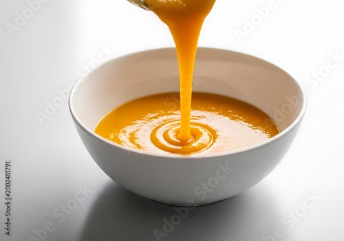 Pouring Creamy Pumpkin Soup into a White Bowl on a Bright Background