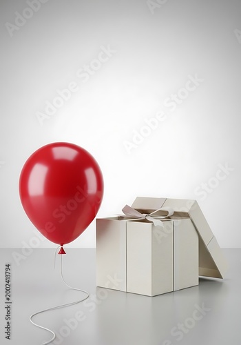 Red Balloon Floating Next to an Open White Gift Box