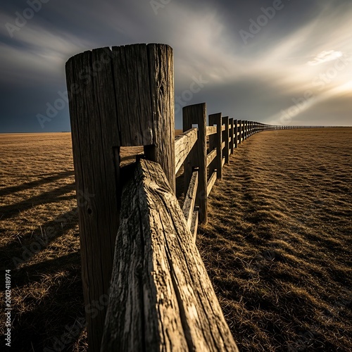 Rustic Wooden Fence Extending into the Horizon under a Dramatic Sky