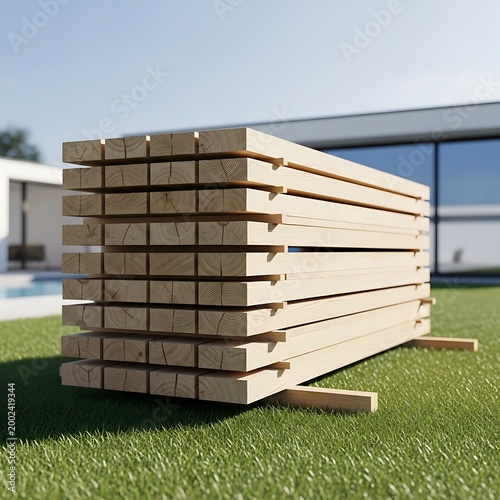 Stack of Wooden Planks on Lawn for Modern Home Construction