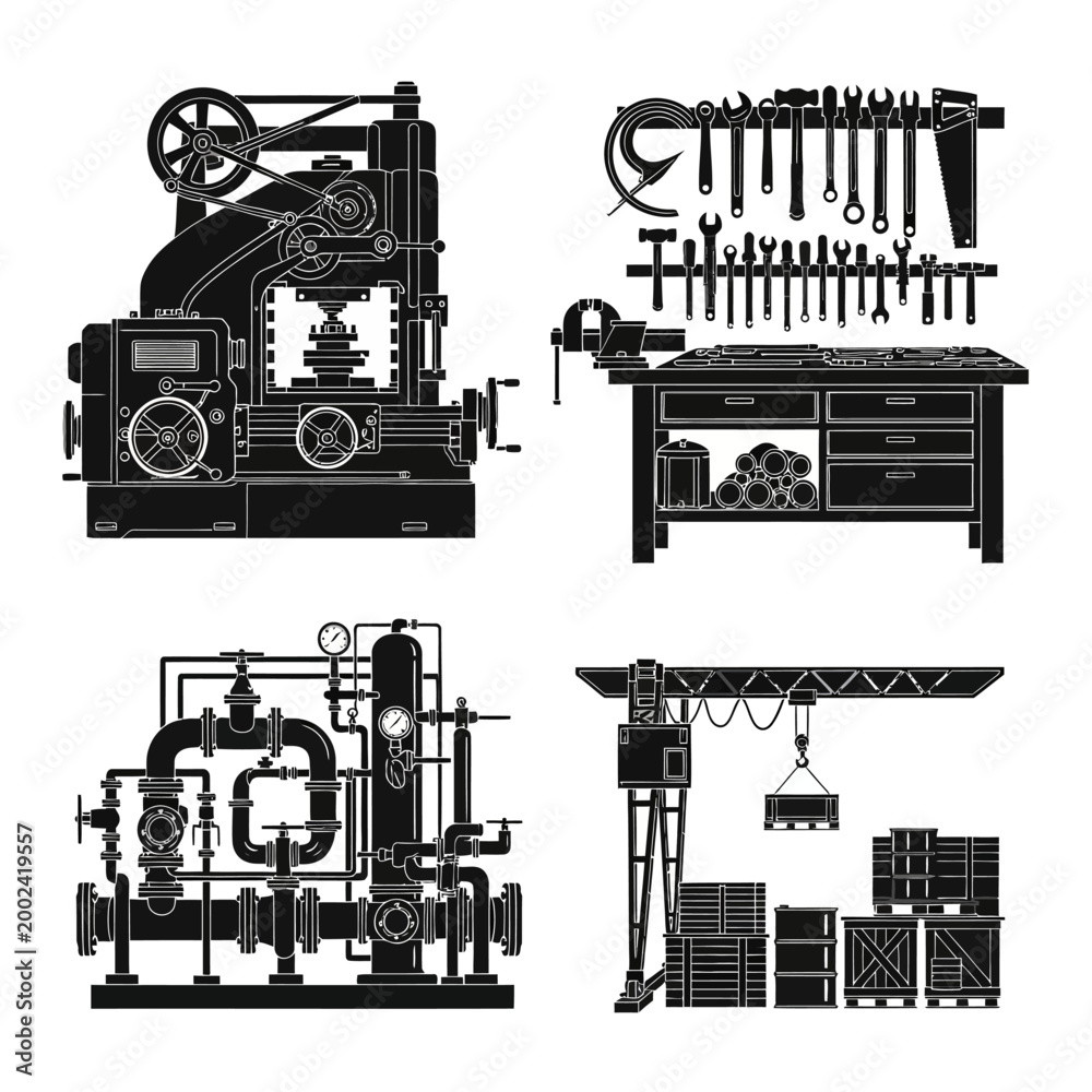 Obraz premium Industrial Machinery and Workshop Tools Silhouette Icons