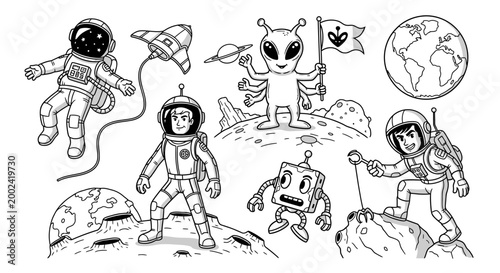 Astronauts, Alien, Robot, Spaceship, Earth, Moon Landing - Space Exploration Vector Art