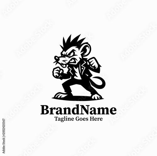 A punk rat character with edgy attitude is illustrated as a bold mascot logo design monochrome