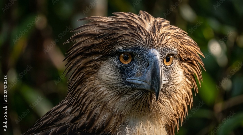 Fototapeta premium Philippine Eagle Face Portrait Mindanao Brown Mane Feathers Framing Face Close-up Eye-level Intimate Close Approach