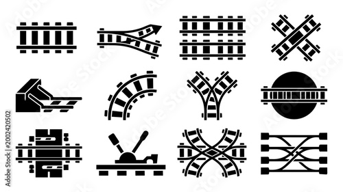 Railway Track Layout Icons – Railroad Switches, Junctions and Rail Network Silhouettes