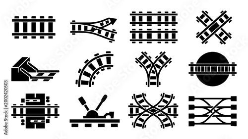 Railway Track Layout Icons – Railroad Switches, Junctions and Rail Network Silhouettes