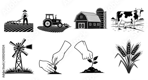 Farm Icons: Farmer, Tractor, Barn, Cow, Windmill, Planting, Wheat