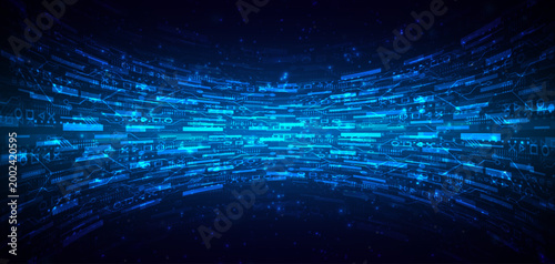 Glowing blue lines with sparkling light effects on a dark background. The concept relates to high-speed internet technology, wireless data transmission, and internet network connectivity.
