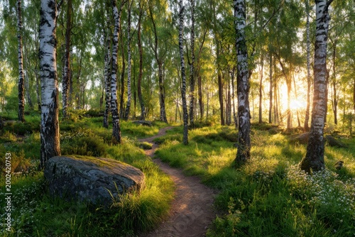 Peaceful winding trail through a sunlit birch forest with lush green grass and wildflowers illuminated by golden light during early morning hours