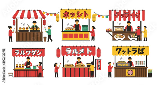 A collection of illustrated food vendor stalls featuring various cuisines and vendors serving customers against a white backdrop with bright, primary colors and a cheerful, inviting