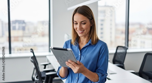 Smiling businesswoman using digital tablet in bright modern office Free Download Smiling businesswoman using digital tablet in bright modern office - GFXLoad