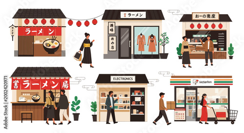 Flat vector illustration showcasing diverse Japanese storefronts, including ramen shops and an electronics store, with people walking by, set against a clean white background with bright