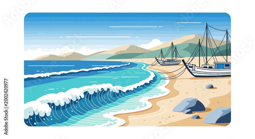 A vector illustration shows two fishing boats resting on a sandy beach, facing turquoise waves with white foam under a blue sky, set against a backdrop of distant hills, creating a serene