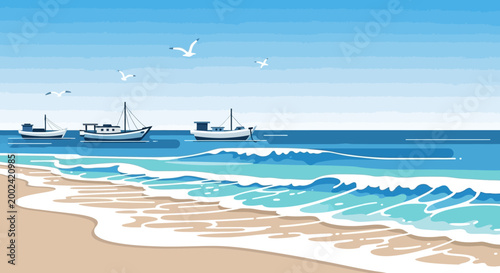 Vector illustration of fishing boats floating on the wavy ocean near a sandy beach under a bright blue sky with flying seagulls, rendered in a flat style with vibrant, calming colors