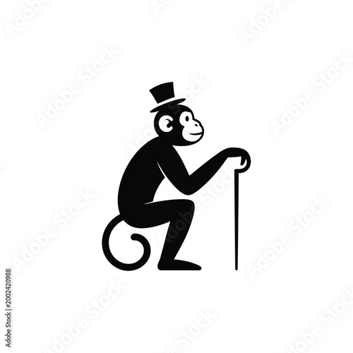 monkey silhouette with top hat and cane black and white
