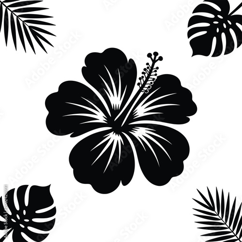 Tropical flower and leaf silhouettes on white background
