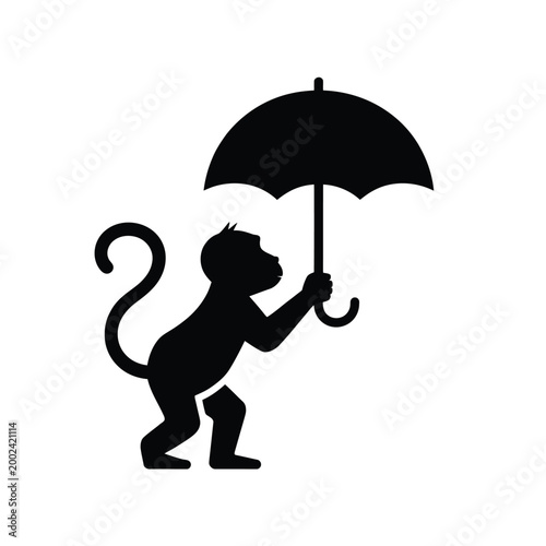 black silhouette of monkey holding umbrella on white background