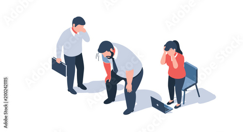 Isometric illustration of exhausted business people with briefcases and laptops.