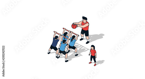 Basketball Coach Instructing Players on Court with Ball and Child.