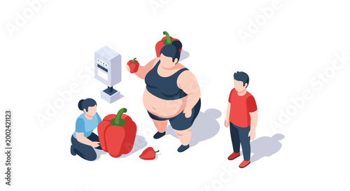 Isometric illustration of healthy eating and lifestyle choices with people and food.