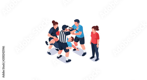 Isometric illustration of a basketball game with players and referee.