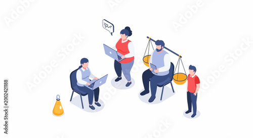 Isometric illustration of legal team discussing and working on cases.