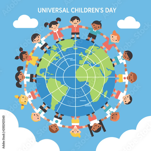 Illustration of diverse children holding hands around the globe symbolizing unity, peace, and global connection on Universal Children’s Day. Emphasizes equality, diversity, and worldwide friendship.
