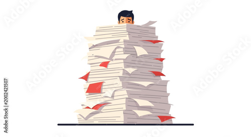 An illustration shows a man overwhelmed by a massive stack of paperwork against a white background, conveying a feeling of stress and being overworked with red sticky notes marking