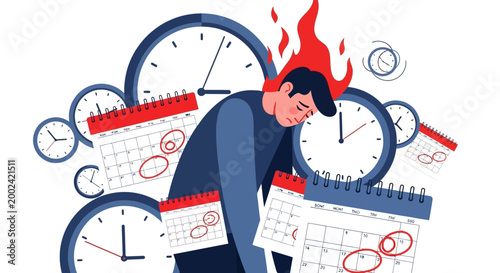 Illustrated man overwhelmed by deadlines with flames above his head, surrounded by multiple clocks and calendars marked with red circles against a plain background, conveying stress
