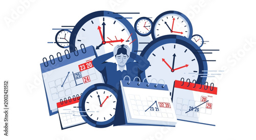 An overwhelmed person is depicted in an illustration surrounded by several clocks and calendars showing upcoming dates against a stark white background, conveying a sense of stress