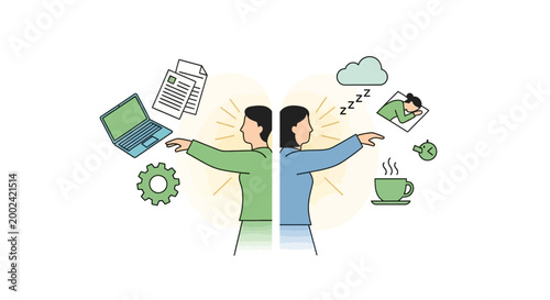 Conceptual illustration of a person facing work with a laptop and paperwork and another facing rest with sleep and coffee, set against a clean white background showing duality and balance