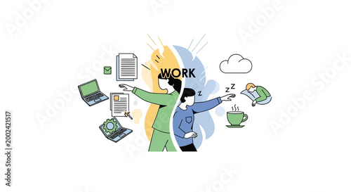 Split-screen illustration showing a worker actively working on laptops and documents on one side and sleeping with coffee on the other, set against a clean white background