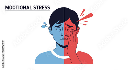 A stylized illustration shows a man experiencing emotional stress, depicted with a split color scheme symbolizing contrasting feelings against a clean white background, creating a poignant