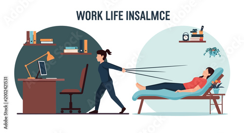 Conceptual illustration showing a woman pulled between a desk with a computer and a lounge chair with long, stretching arms against contrasting backgrounds suggesting a struggle