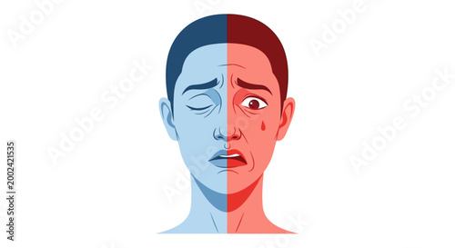Illustration of a woman experiencing facial paralysis, with one side of her face drooping and her eye closed, depicted in contrasting red and blue tones against a stark white background