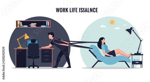 Conceptual illustration showing a man stretching towards a woman relaxing on a chaise lounge, divided by contrasting work and leisure environments in a flat vector style