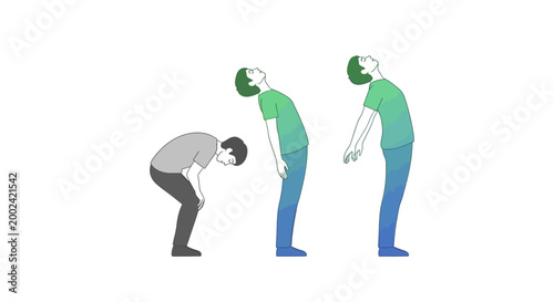 Illustration of a man performing a back extension exercise in a sequence against a white background with a minimalist style and a muted color palette shows the stages of the stretch routine
