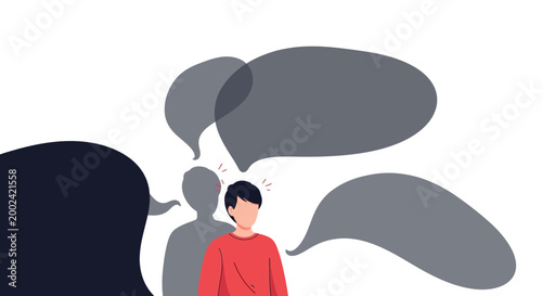 Conceptual illustration of a pensive man in a red shirt standing beneath dark gray speech bubbles, set against a stark white background, creating a somber and introspective design