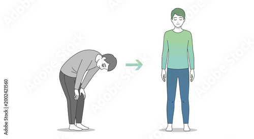 A vector illustration showing a person recovering from bending over with hands on their knees to standing straight, depicted in a simple line art style against a clean, isolated white